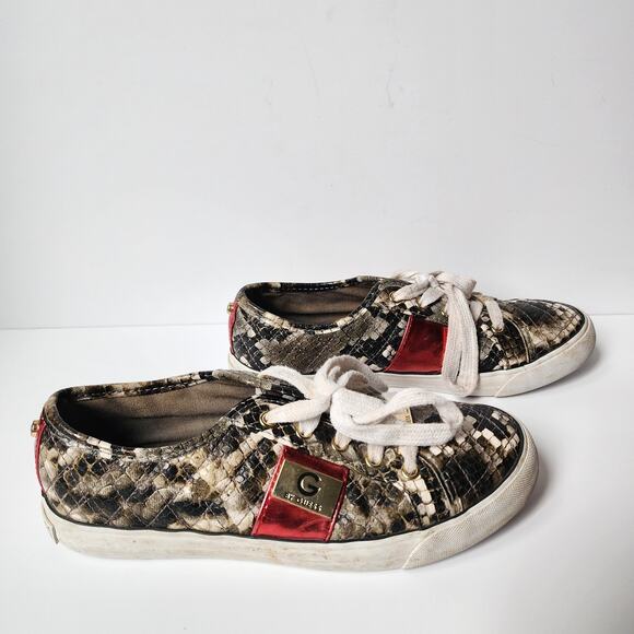 G by Guess Sneakers Womens Size 7M Quilted Lace Up Snakeskin Gold Tone Hardware - Picture 1 of 10